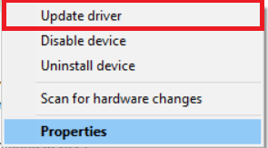 Device Manager Web Cam menu - Update driver